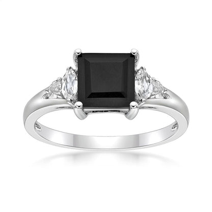 Princess-Cut Onyx and Multi-Shape White Topaz Ring in Sterling Silver