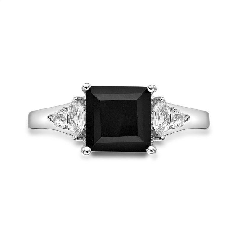 Princess-Cut Onyx and Multi-Shape White Topaz Ring in Sterling Silver