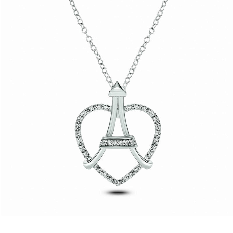 0.1 CT. T.W. Natural Diamond Heart Online Eiffel Tower Pendant in Sterling Silver