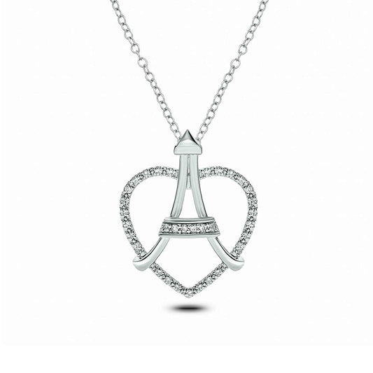 0.1 CT. T.W. Natural Diamond Heart Online Eiffel Tower Pendant in Sterling Silver