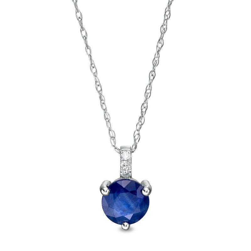 6.0mm Blue Sapphire and Natural Diamond Accent Drop Pendant in 10K White Gold