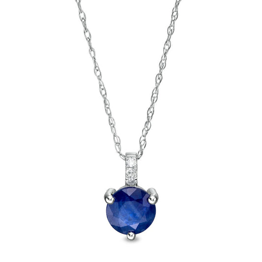 6.0mm Blue Sapphire and Natural Diamond Accent Drop Pendant in 10K White Gold
