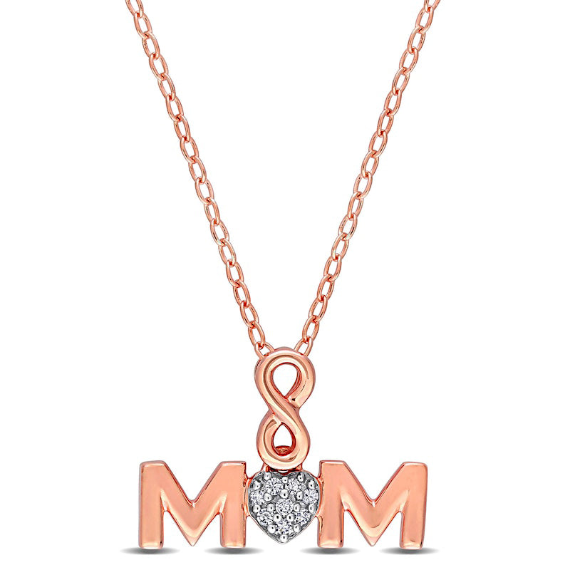 Composite Natural Diamond Accent Infinity Heart MOM" Pendant in Sterling Silver with Rose Rhodium Plate"