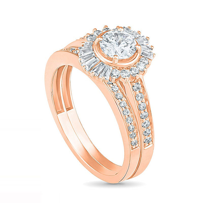 1.0 CT. T.W. Baguette and Round Natural Diamond Sunburst Frame Bridal Engagement Ring Set in Solid 10K Rose Gold