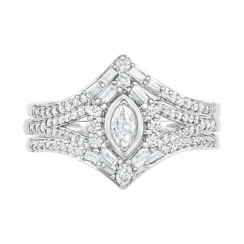 0.75 CT. T.W. Multi-Shape Natural Diamond Chevron Split Shank Bridal Engagement Ring Set in Solid 10K White Gold