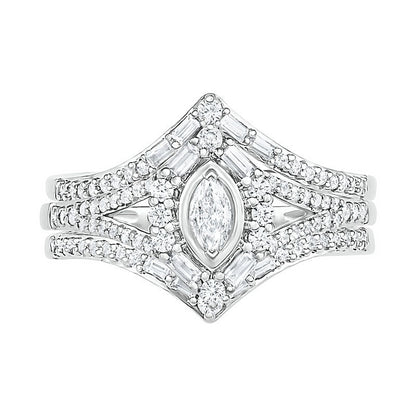 0.75 CT. T.W. Multi-Shape Natural Diamond Chevron Split Shank Bridal Engagement Ring Set in Solid 10K White Gold
