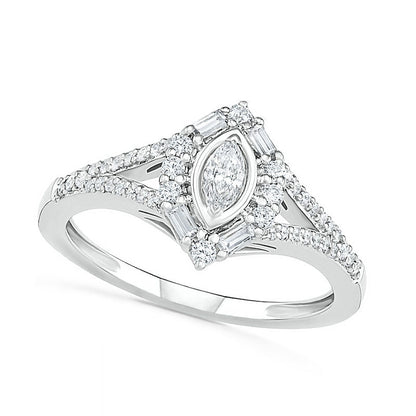 0.75 CT. T.W. Multi-Shape Natural Diamond Chevron Split Shank Bridal Engagement Ring Set in Solid 10K White Gold