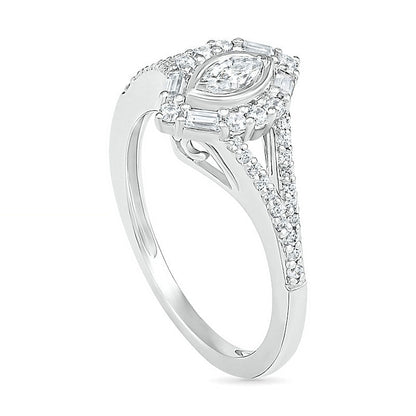 0.75 CT. T.W. Multi-Shape Natural Diamond Chevron Split Shank Bridal Engagement Ring Set in Solid 10K White Gold