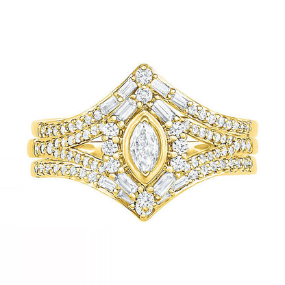 0.75 CT. T.W. Multi-Shape Natural Diamond Chevron Split Shank Bridal Engagement Ring Set in Solid 10K Yellow Gold