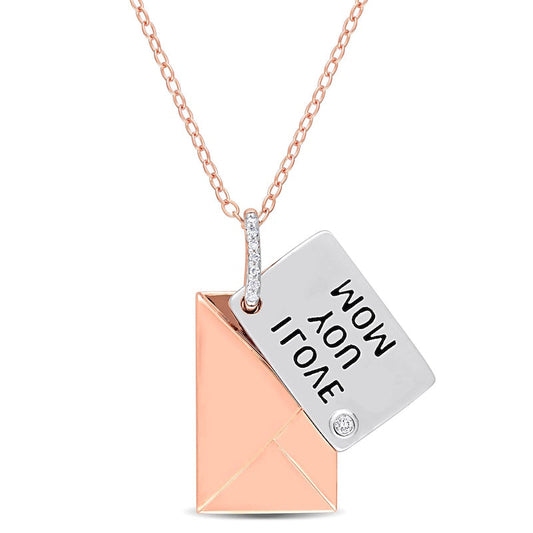 Natural Diamond Accent I LOVE YOU MOM" Letter Pendant in Sterling Silver with Rose Rhodium Plate"