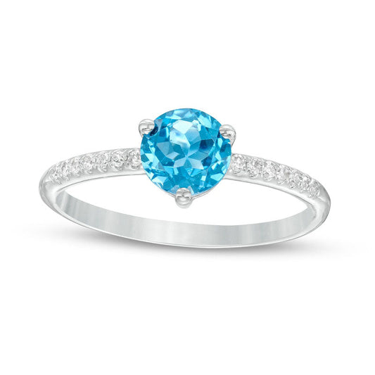 6.0mm Swiss Blue Topaz and 0.10 CT. T.W. Natural Diamond Ring in Solid 10K White Gold