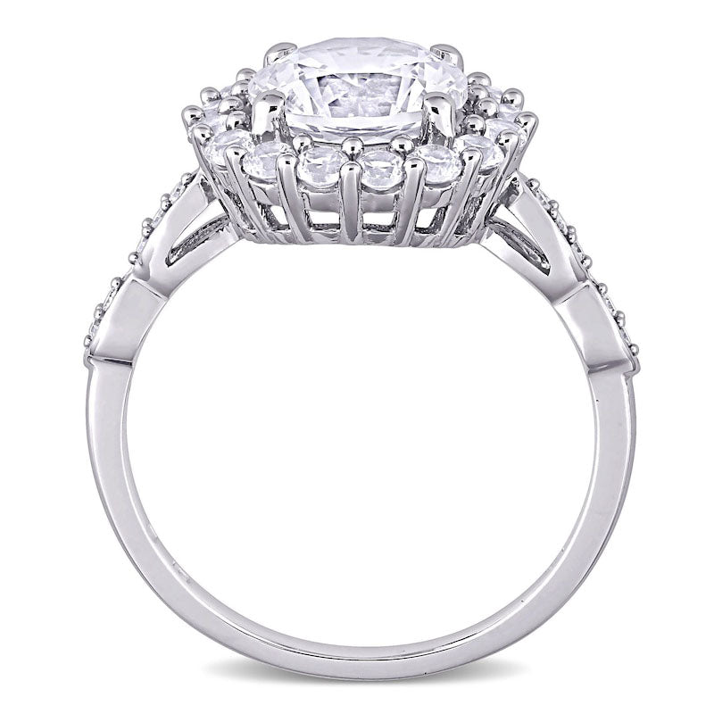 8.0mm White Lab-Created Sapphire and 0.05 CT. T.W. Diamond Frame Art Deco Engagement Ring in Solid 10K White Gold