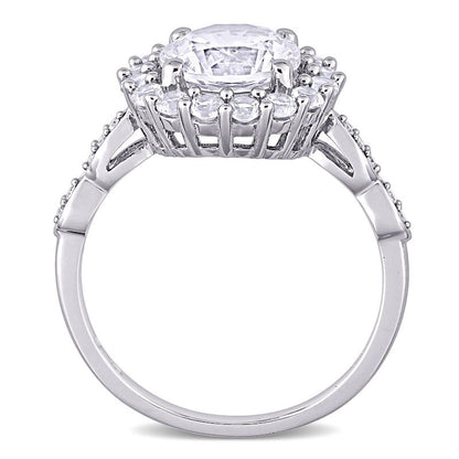 8.0mm White Lab-Created Sapphire and 0.05 CT. T.W. Diamond Frame Art Deco Engagement Ring in Solid 10K White Gold