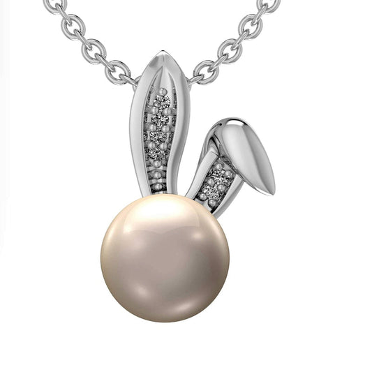 7.0mm Cultured Freshwater Pearl and Natural Diamond Accent Bunny Head Pendant in Sterling Silver
