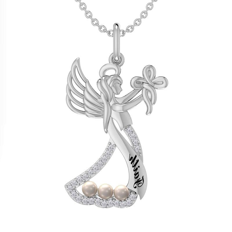 Cultured Freshwater Pearl and 0.05 CT. T.W. Natural Diamond Etched Faith" Cross Guardian Angel Pendant in Sterling Silver"
