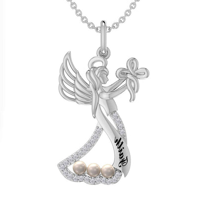 Cultured Freshwater Pearl and 0.05 CT. T.W. Natural Diamond Etched Faith" Cross Guardian Angel Pendant in Sterling Silver"