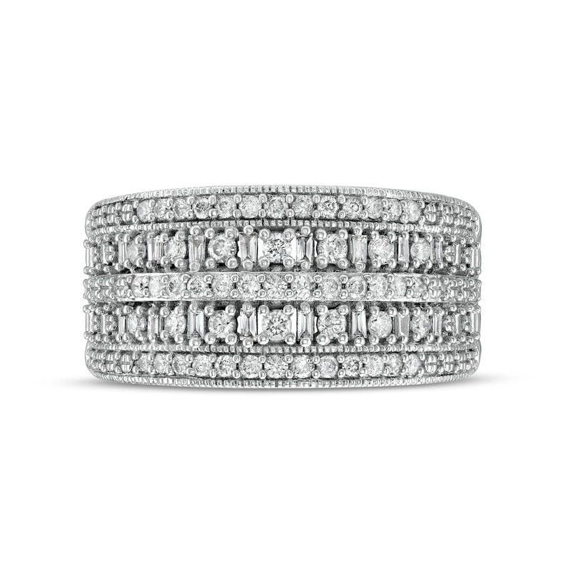 0.50 CT. T.W. Baguette and Round Natural Diamond Antique Vintage-Style Multi-Row Anniversary Band in Solid 10K White Gold