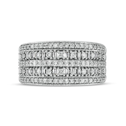 0.50 CT. T.W. Baguette and Round Natural Diamond Antique Vintage-Style Multi-Row Anniversary Band in Solid 10K White Gold
