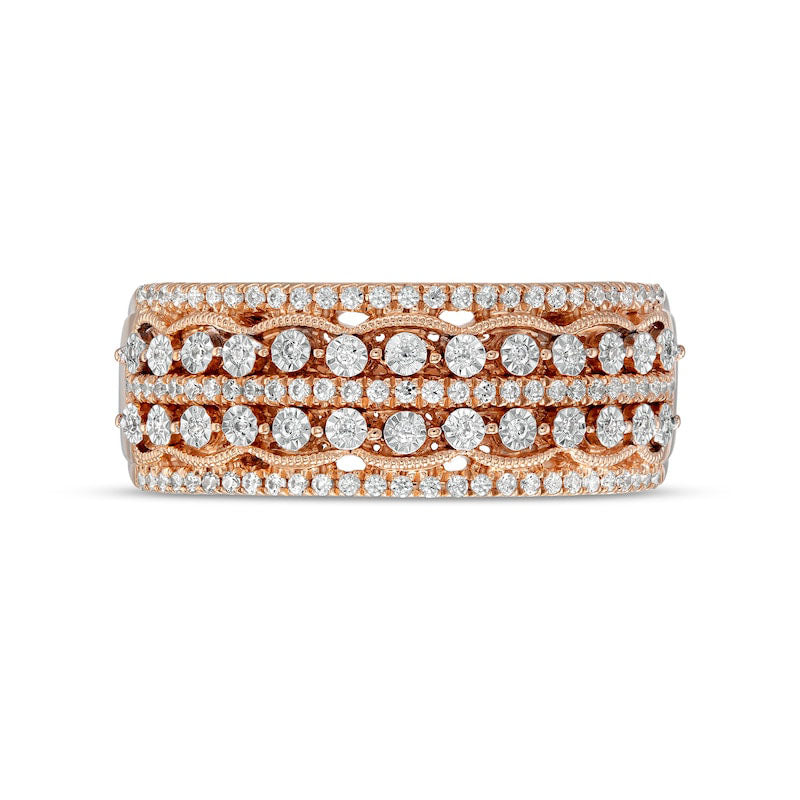0.25 CT. T.W. Natural Diamond Antique Vintage-Style Multi-Row Anniversary Band in Solid 10K Rose Gold