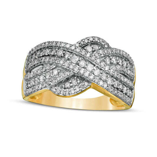 0.63 CT. T.W. Natural Diamond Multi-Row Crossover Anniversary Band in Solid 10K Yellow Gold