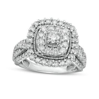 1.5 CT. T.W. Natural Diamond Double Cushion-Shaped Frame Antique Vintage-Style Engagement Ring in Solid 10K White Gold