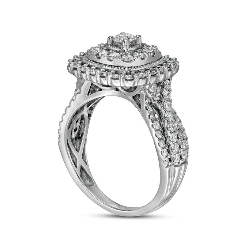 1.5 CT. T.W. Natural Diamond Double Cushion-Shaped Frame Antique Vintage-Style Engagement Ring in Solid 10K White Gold