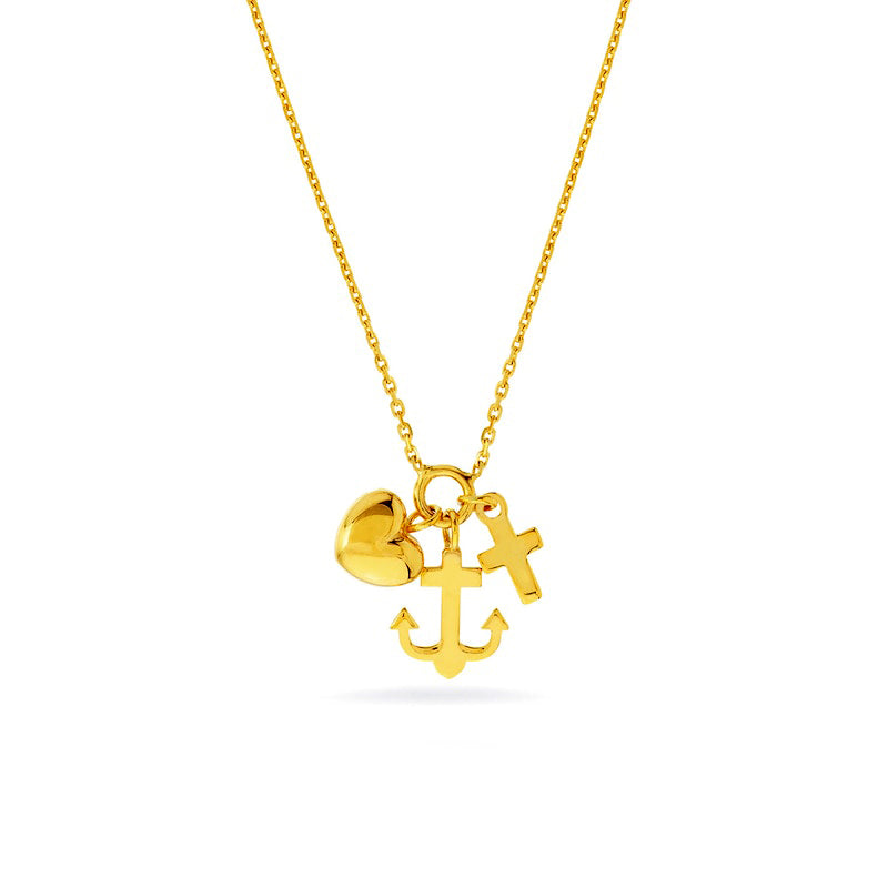 Cross, Anchor and Heart Charm Necklace in 14K Gold
