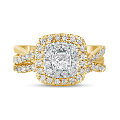 1.0 CT. T.W. Natural Diamond Double Cushion-Shaped Frame Crossover Bridal Engagement Ring Set in Solid 10K Yellow Gold