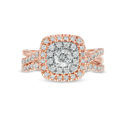 1.0 CT. T.W. Natural Diamond Double Cushion-Shaped Frame Crossover Bridal Engagement Ring Set in Solid 10K Rose Gold