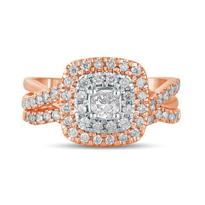 1.0 CT. T.W. Natural Diamond Double Cushion-Shaped Frame Crossover Bridal Engagement Ring Set in Solid 10K Rose Gold