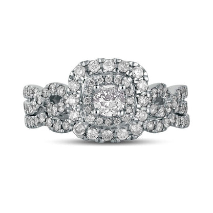 1.0 CT. T.W. Natural Diamond Double Cushion-Shaped Frame Twist Shank Bridal Engagement Ring Set in Solid 10K White Gold