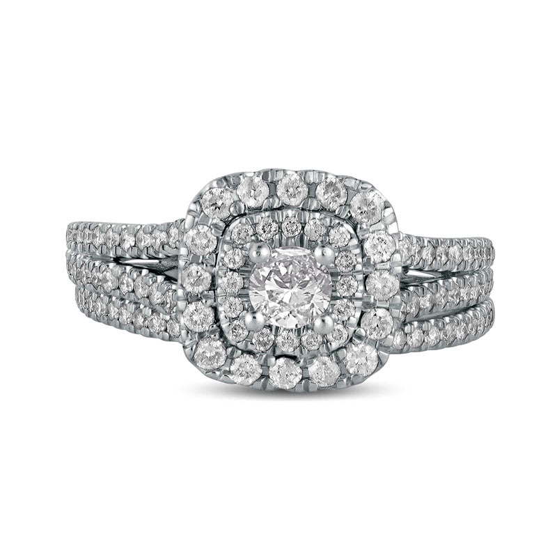1.0 CT. T.W. Natural Diamond Double Cushion-Shaped Frame Multi-Row Bridal Engagement Ring Set in Solid 10K White Gold