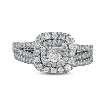 1.0 CT. T.W. Natural Diamond Double Cushion-Shaped Frame Multi-Row Bridal Engagement Ring Set in Solid 10K White Gold