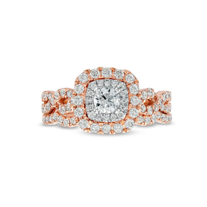 1.0 CT. T.W. Natural Diamond Double Cushion-Shaped Frame Twist Shank Bridal Engagement Ring Set in Solid 10K Rose Gold