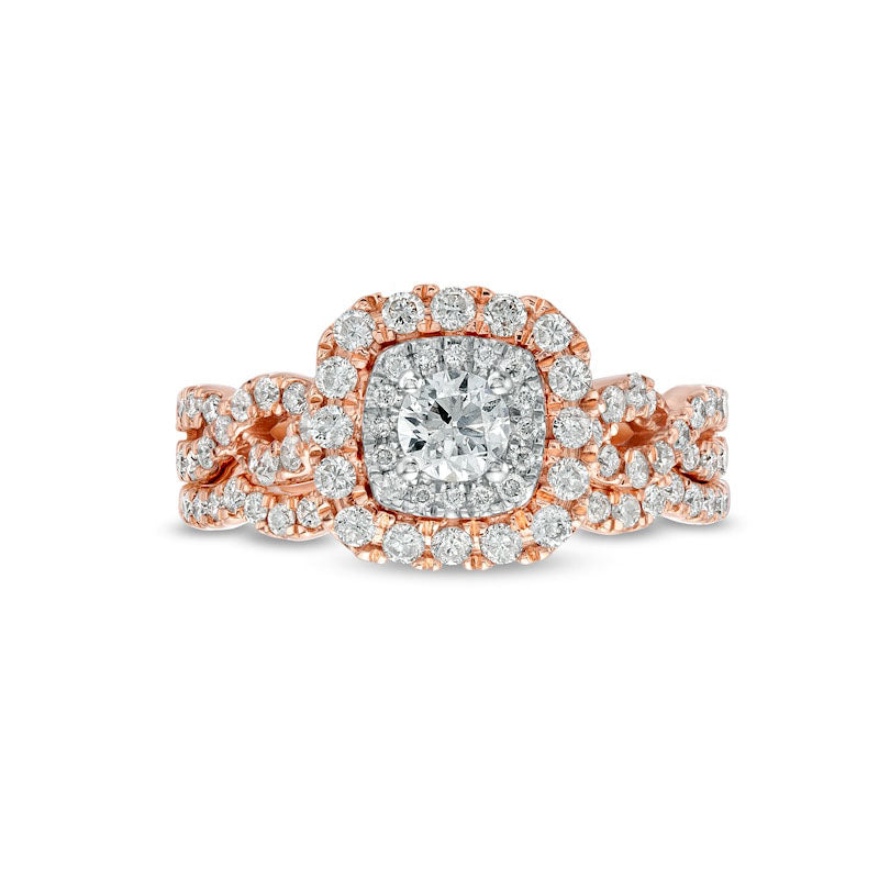 1.0 CT. T.W. Natural Diamond Double Cushion-Shaped Frame Twist Shank Bridal Engagement Ring Set in Solid 10K Rose Gold