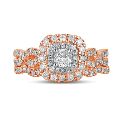 1.0 CT. T.W. Natural Diamond Double Cushion-Shaped Frame Twist Shank Bridal Engagement Ring Set in Solid 10K Rose Gold