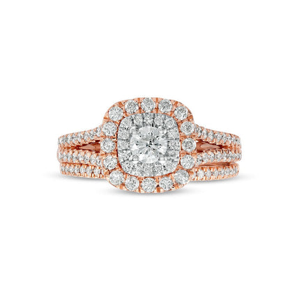 1.0 CT. T.W. Natural Diamond Double Cushion-Shaped Frame Multi-Row Bridal Engagement Ring Set in Solid 10K Rose Gold