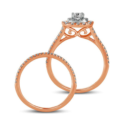 1.0 CT. T.W. Natural Diamond Double Cushion-Shaped Frame Multi-Row Bridal Engagement Ring Set in Solid 10K Rose Gold