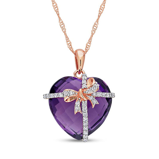 Checkerboard Heart-Shaped Amethyst and 0.13 CT. T.W. Natural Diamond Gift Bow Overlay Pendant in 10K Rose Gold - 17
