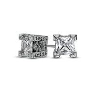 6.0mm Princess-Cut White Lab-Created Sapphire Ornate Outer Edge Vintage-Style Stud Earrings in Sterling Silver