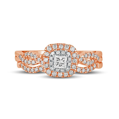 0.50 CT. T.W. Princess-Cut Natural Diamond Double Cushion-Shaped Frame Multi-Row Bridal Engagement Ring Set in Solid 10K Rose Gold
