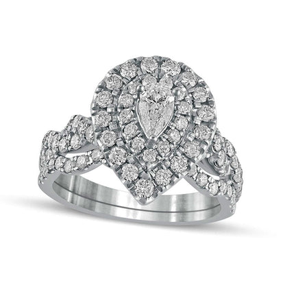 1.5 CT. T.W. Pear-Shaped Natural Diamond Double Frame Multi-Row Bridal Engagement Ring Set in Solid 10K White Gold