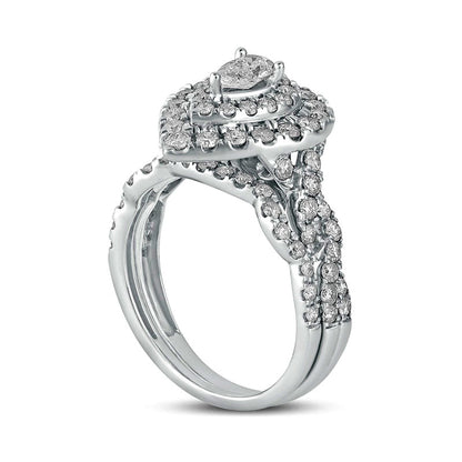 1.5 CT. T.W. Pear-Shaped Natural Diamond Double Frame Multi-Row Bridal Engagement Ring Set in Solid 10K White Gold