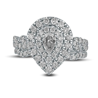 1.5 CT. T.W. Pear-Shaped Natural Diamond Double Frame Multi-Row Bridal Engagement Ring Set in Solid 10K White Gold