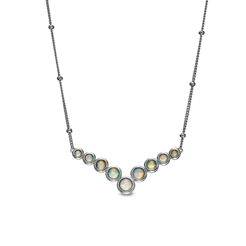 Bezel-Set Lab-Created Opal Graduated Bubble Chevron and Bead Station Necklace in Sterling Silver