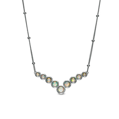 Bezel-Set Lab-Created Opal Graduated Bubble Chevron and Bead Station Necklace in Sterling Silver