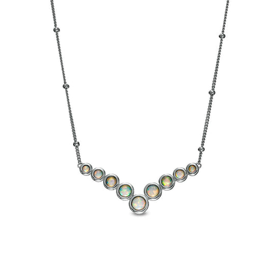 Bezel-Set Lab-Created Opal Graduated Bubble Chevron and Bead Station Necklace in Sterling Silver