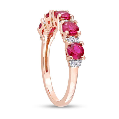 Lab-Created Ruby and White Lab-Created Sapphire Five Stone Duo Stackable Band in Sterling Silver with Rose Rhodium