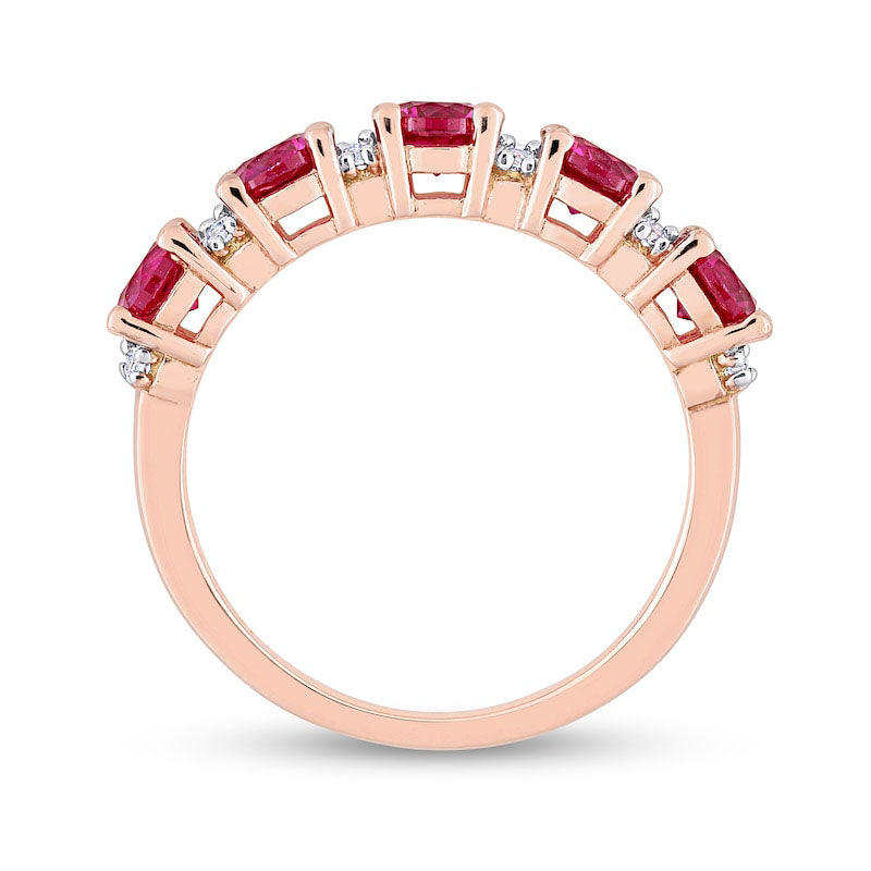 Lab-Created Ruby and White Lab-Created Sapphire Five Stone Duo Stackable Band in Sterling Silver with Rose Rhodium