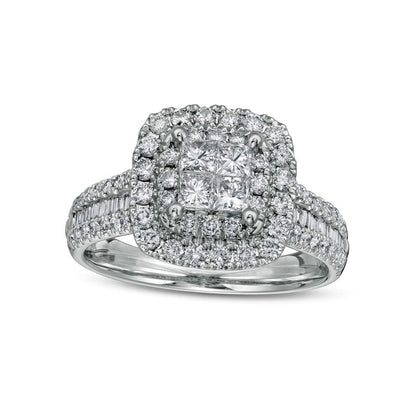 1.25 CT. T.W. Princess-Cut Quad Natural Diamond Double Cushion-Shaped Frame Engagement Ring in Solid 14K White Gold